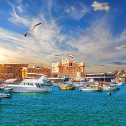 Harbor and Boats in Alexandria Near Qaitbay Citadel Famous View of Egypt